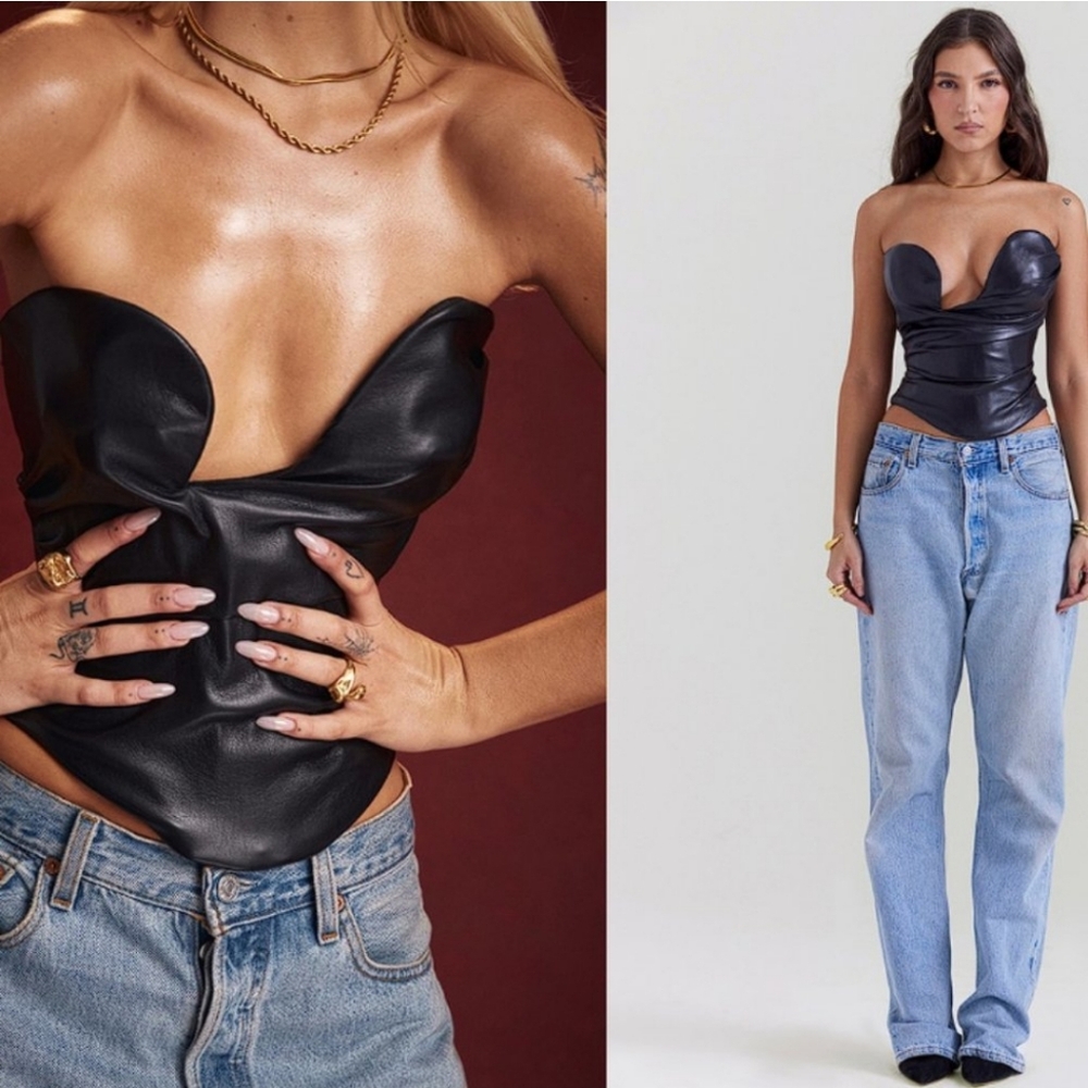 NWT House of CB Saffira Vegan Leather Plunge Black Corset Top S